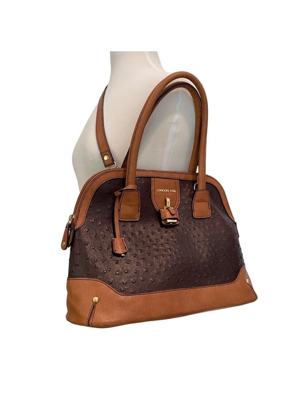 London Fog Brown & Tan Vegan Ostrich Leather Satchel Handbag With Shoulder